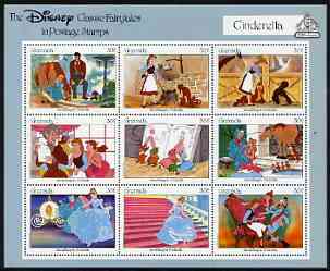 Grenada 1987 50th Anniversary of First Disney Full-length Cartoon Films - Cinderella perf sheetlet containing 9 values unmounted mint, as SG 1662-70, stamps on disney, stamps on cartoons, stamps on films, stamps on cinema, stamps on 