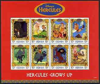 Grenada 1998 Hercules Disney Cartoon Film perf sheetlet containing 8 x 10c values unmounted mint, SG 3561-68, stamps on disney, stamps on cartoons, stamps on films, stamps on cinema, stamps on hercules