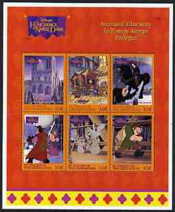 St Vincent - Grenadines 1996 Disney's Hunchback of Notre Dame perf sheetlet containing 6 x 10c values unmounted mint, stamps on , stamps on  stamps on disney, stamps on  stamps on cartoons, stamps on  stamps on films, stamps on  stamps on cinema, stamps on  stamps on cathedrals