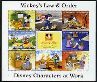 St Vincent - Grenadines 1996 Disney Characters at Work - Mickeys Law & Order perf sheetlet containing 8 x 10c values unmounted mint, stamps on disney, stamps on cartoons, stamps on films, stamps on cinema, stamps on law, stamps on police, stamps on 