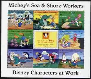 St Vincent - Grenadines 1996 Disney Characters at Work - Mickey's Sea & Shore Workers perf sheetlet containing 8 x 10c values unmounted mint, stamps on disney, stamps on cartoons, stamps on films, stamps on cinema, stamps on pirates, stamps on fishing, stamps on shells, stamps on diving, stamps on scuba, stamps on marine life, stamps on umbrellas, stamps on lighthouses