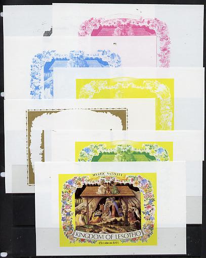 Lesotho 1981 Botticelli's Nativity m/sheet the set of 7 imperf progressive proofs comprising the 5 individual colours plus 2 different combination composites unmounted mint, extremely rare , stamps on arts  christmas    botticelli
