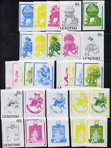 Lesotho 1981 Christmas Paintings by Norman Rockwell set of 6 x 5 imperf progressive proofs comprising the 4 individual colours plus yellow & blue composites, very scarce, 30 proofs as SG 455-60, stamps on arts, stamps on santa, stamps on christmas