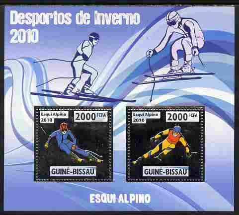 Guinea - Bissau 2010 Winter Olympic Sports - Alpine Skiingg perf sheetlet containing 2 values in silver unmounted mint, stamps on olympics, stamps on sport, stamps on skiing