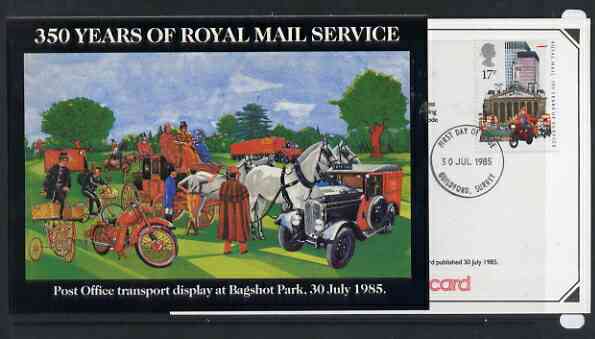 Postcard - Great Britain 1985 350 Years of Royal Mail Service - Post Office Transport Display postcard (SEPR 45) used with first day of sale cancel, stamps on , stamps on  stamps on postal, stamps on  stamps on transport, stamps on  stamps on cars, stamps on  stamps on motorbikes, stamps on  stamps on horses, stamps on  stamps on trucks, stamps on  stamps on bicycles, stamps on  stamps on 