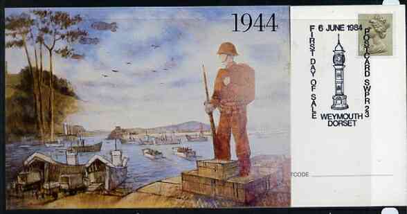 Postcard - Great Britain 1984 D-Day Invasion (Weymouth PO Mural) postcard (SWPR 23) used with special illustrated Weymouth Clock first day of sale cancel, stamps on postal, stamps on , stamps on  ww2 , stamps on , stamps on clocks
