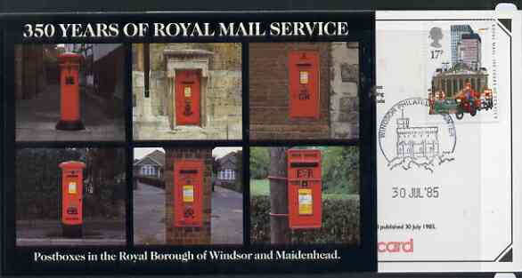 Postcard - Great Britain 1985 350 Years of Royal Mail Service - Postboxes in Windsor postcard (SEPR 44) used with first day of sale cancel, stamps on postal, stamps on postbox
