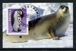 Eritrea 2001 Penguin & Seal imperf souvenir sheet (with Rotary Logo) fine cto used, stamps on animals, stamps on polar, stamps on penguins, stamps on seals, stamps on rotary