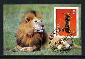 Eritrea 2001 Wasp & Lion imperf souvenir sheet (with Scout Logo) fine cto used, stamps on animals, stamps on scouts, stamps on wasps, stamps on insects, stamps on cats, stamps on lions
