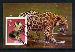 Eritrea 2001 Cobra & Leopard imperf souvenir sheet (with Scout Logo) fine cto used, stamps on animals, stamps on scouts, stamps on cats, stamps on leopard, stamps on snakes, stamps on reptiles, stamps on snake, stamps on snakes, stamps on 