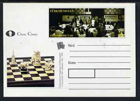 Turkmenistan 1999 Chess Classic postal stationery card No.1 from a series of 6 showing General view (long stamp) unused and pristine, stamps on chess