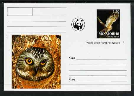 Mordovia Republic 1999 WWF - Owls #2 postal stationery card unused and pristine, stamps on wwf, stamps on birds, stamps on birds of prey, stamps on owls, stamps on  wwf , stamps on 