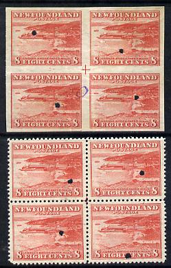 Newfoundland 1941-44 KG6 Paper Mills 8c in perf & imperf proof blocks of 4 from Waterlow archives, each stamp with security punch hole, some wrinkling but very scarce (SG 282), stamps on printing