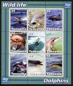 Tanzania 2003 Wild Life - Dolphins perf sheetlet containing set of 9 values unmounted mint, stamps on dolphins, stamps on animals, stamps on marine life