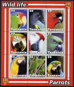 Tanzania 2003 Wild Life - Parrots perf sheetlet containing set of 9 values unmounted mint, stamps on birds, stamps on parrots