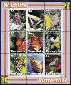 Tanzania 2003 Wild Life - Butterflies perf sheetlet containing set of 9 values unmounted mint, stamps on butterflies