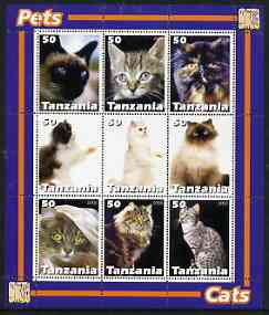 Tanzania 2003 Pets - Cats perf sheetlet containing set of 9 values unmounted mint, stamps on cats