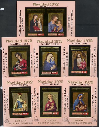 Equatorial Guinea 1982 Pope's Visit opt in black on 1972 Christmas set of 7 imperf sheetlets in gold with pink background unmounted mint, stamps on arts  christmas    pope   personalities  religion