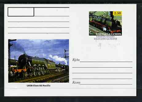 Kabardino-Balkaria Republic 1999 Steam Locomotives of the World #05 postal stationery card unused and pristine showing A 242 Class 4-8-4 of RENFE and LNER Class A3 Pacifi..., stamps on railways