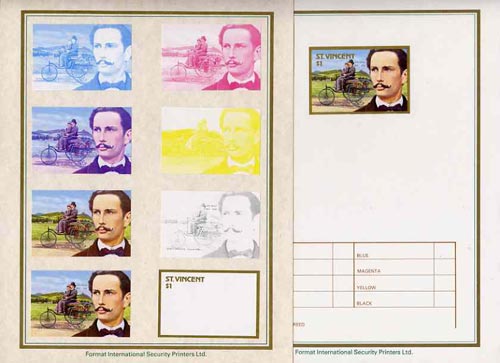 St Vincent 1987 Centenary of Motoring $1 Karl Benz with 1886 three-wheeler set of 9 imperf progressive proofs comprising the 5 individual colours plus 2, 3, 4 and all 5 colour composites mounted on special Format International cards (9 proofs as SG 1085), stamps on cars  personalities  transport