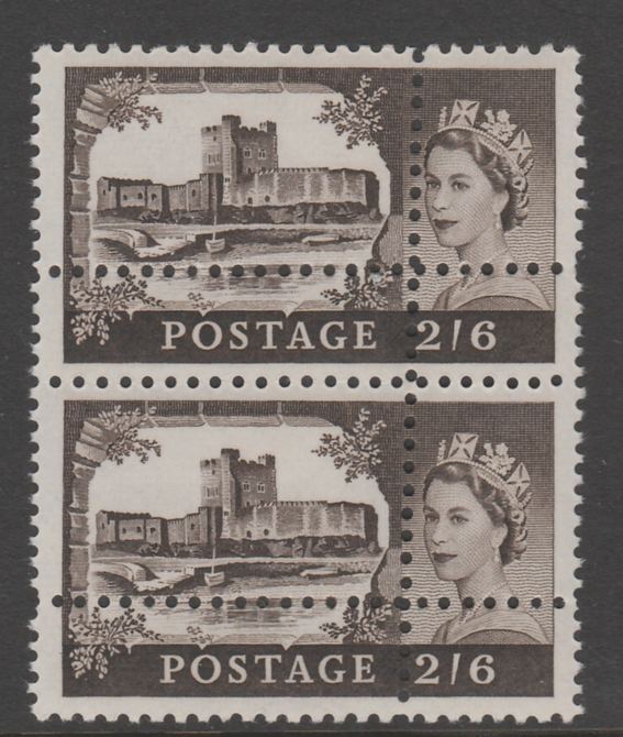 Great Britain 1967 Castles (no wmk) 2s6d vertical pair with perforations doubled (stamps are quartered) an attractive and interesting modern forgery, unmounted mint.  Note: the stamps are genuine but the additional perfs are a slightly different gauge identifying it to be a forgery., stamps on castles