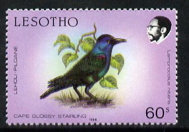 Lesotho 1988 Birds 60s Cape Starling minor colour shift of black & yellow resulting in double beak and general blur unmounted mint (as SG 801)*, stamps on birds     starling