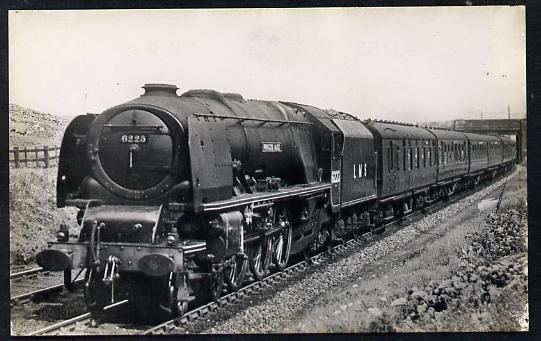 Postcard by Ian Allan - LMS Up Royal Scot headed by Princess Coronation Class 4-6-2 No.6223 Princess Alice, black & white, unused and in good condition, stamps on railways