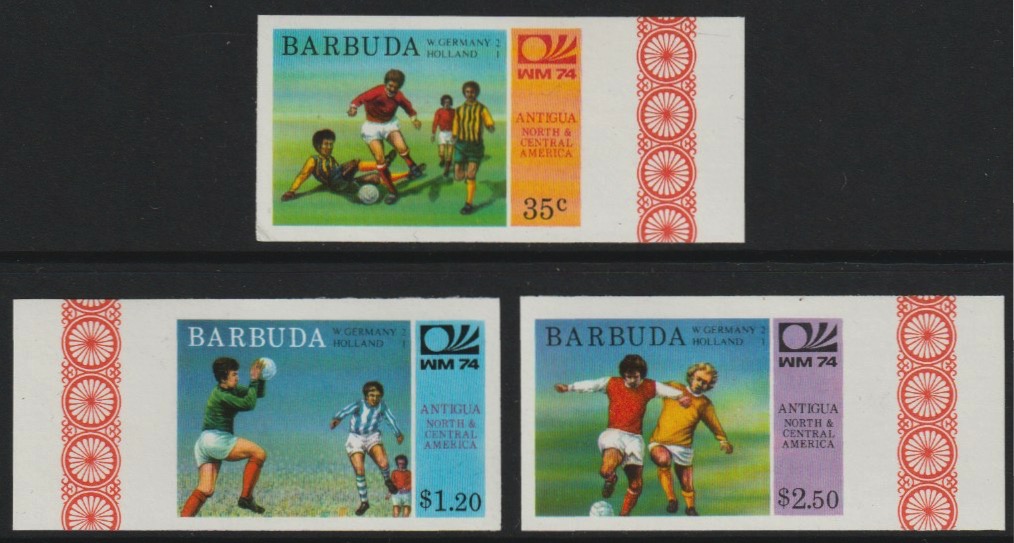 Barbuda 1974 World Cup Football Winners imperf set of 3 (unissued with names of teams) unmounted mint, stamps on , stamps on  stamps on football  sport