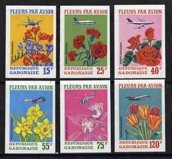 Gabon 1971 Flowers by Air imperf set of 6 from a limited printing unmounted mint, as SG 410-15, stamps on , stamps on  stamps on aviation, stamps on  stamps on flowers, stamps on  stamps on tulips, stamps on  stamps on roses, stamps on  stamps on orchids, stamps on  stamps on helicopters