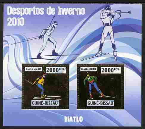 Guinea - Bissau 2010 Winter Olympic Sports - Biathlon perf sheetlet containing 2 values in gold unmounted mint, stamps on olympics, stamps on sport, stamps on skiing, stamps on shooting, stamps on rifle