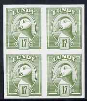 Lundy 1982 Puffin def 17p green in issued colour imperforate unmounted mint block of 4, stamps on birds, stamps on lundy, stamps on puffins