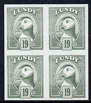 Lundy 1982 Puffin def 19p grey-green in issued colour imperforate unmounted mint block of 4, stamps on , stamps on  stamps on birds, stamps on  stamps on lundy, stamps on  stamps on puffins