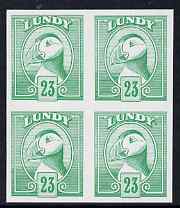Lundy 1982 Puffin def 23p pale green in issued colour imperforate unmounted mint block of 4, stamps on birds, stamps on lundy, stamps on puffins