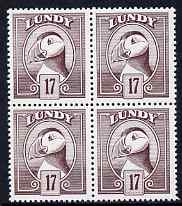 Lundy 1982 Puffin def 17p brown-purple perf colour trial (the colour of the issued 18p) unmounted mint block of 4, stamps on birds, stamps on lundy, stamps on puffins