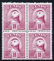 Lundy 1982 Puffin def 18p mauve perf colour trial unmounted mint block of 4, stamps on birds, stamps on lundy, stamps on puffins