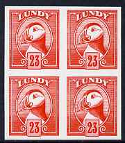 Lundy 1982 Puffin def 23p vermilion imperf colour trial unmounted mint block of 4, stamps on birds, stamps on lundy, stamps on puffins