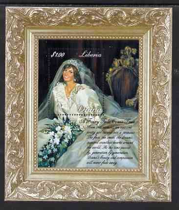 Liberia 1997 Princess Diana Memorial perf m/sheet (Diana in her Wedding Dress enclosed in picture frame) unmounted mint, stamps on royalty, stamps on diana
