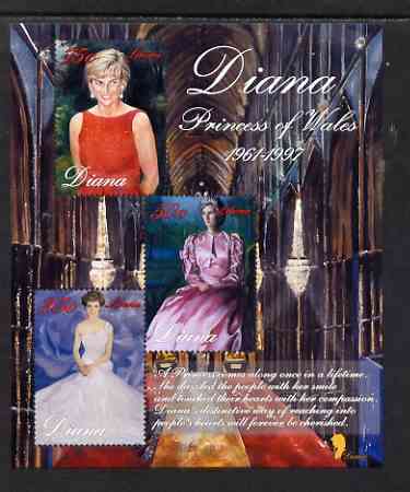 Liberia 1997 Princess Diana Memorial perf sheetlet containing 3 values (various portraits) unmounted mint, stamps on royalty, stamps on diana