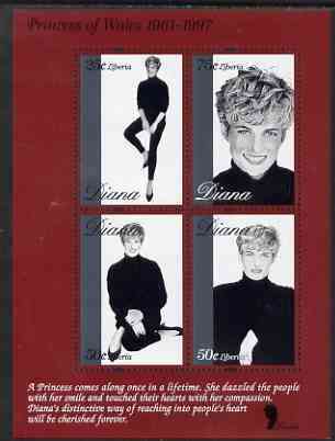 Liberia 1997 Princess Diana Memorial perf sheetlet containing 4 values (B & W studio poses) unmounted mint, stamps on royalty, stamps on diana