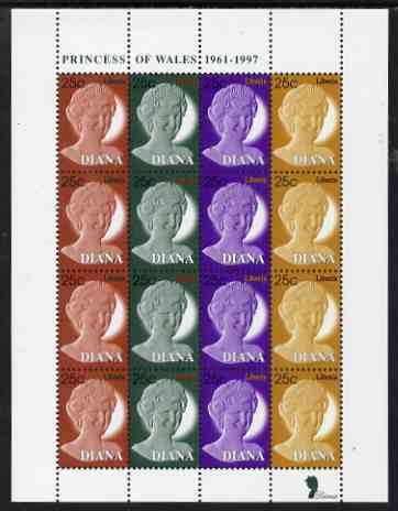 Liberia 1997 Princess Diana Memorial perf sheetlet containing 4 strips of 4 values (25c Portrait stamps in 4 colours) unmounted mint, stamps on royalty, stamps on diana