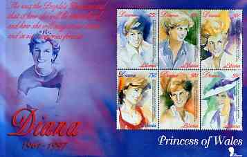 Liberia 1997 Princess Diana Memorial perf sheetlet containg 6 watercolour portraits unmounted mint, stamps on , stamps on  stamps on royalty, stamps on  stamps on diana