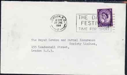 Postmark - Great Britain 1964 cover bearing illustrated slogan cancellation for The Dairy Festival - Time for Sport, stamps on sport, stamps on dairy, stamps on agriculture, stamps on farming