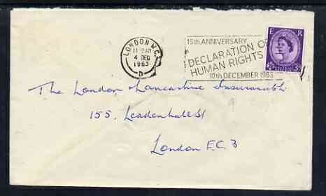Postmark - Great Britain 1963 cover bearing illustrated slogan cancellation for 15th Anniversary of Declaration of Human Rights, stamps on human rights