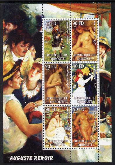 Djibouti 2004 Auguste Renoir perf sheetlet containing 6 values unmounted mint, stamps on personalities, stamps on arts, stamps on renoir, stamps on nudes