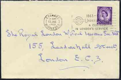 Postmark - Great Britain 1963 cover bearing illustrated slogan cancellation for 'Underground - A Century in London's Service', stamps on london, stamps on railways, stamps on underground