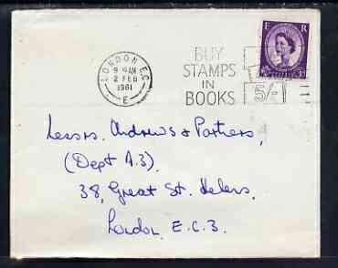 Postmark - Great Britain 1961 cover bearing illustrated slogan cancellation for 'Buy Stamps in Books', stamps on postal