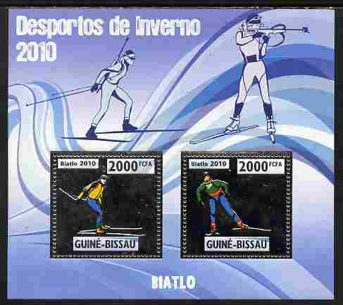 Guinea - Bissau 2010 Winter Olympic Sports - Biathlon perf sheetlet containing 2 values in silver unmounted mint, stamps on olympics, stamps on sport, stamps on skiing, stamps on shooting, stamps on rifle