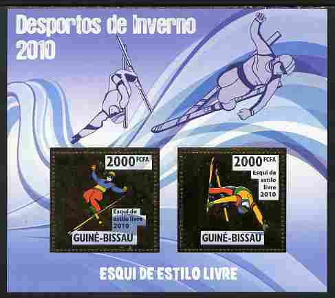 Guinea - Bissau 2010 Winter Olympic Sports - Freestyle Skiing perf sheetlet containing 2 values in gold unmounted mint, stamps on olympics, stamps on sport, stamps on skiing