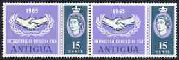 Antigua 1965 Int Co-operation Year 15c unmounted mint pair, one stamp with 'Broken Leaves' variety, stamps on communications, stamps on  icy , stamps on 
