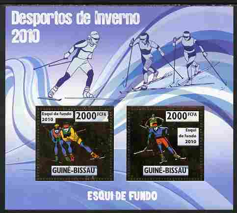 Guinea - Bissau 2010 Winter Olympic Sports - Cross Country Skiing perf sheetlet containing 2 values in gold unmounted mint, stamps on , stamps on  stamps on olympics, stamps on  stamps on sport, stamps on  stamps on skiing